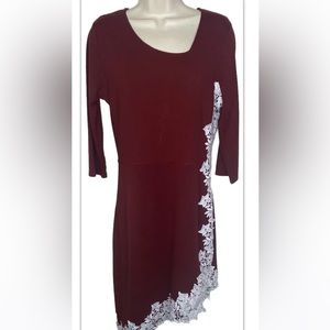 Drimmaks Women’s Asymmetrical Pencil Dress L Red White w/White Lace Flowers